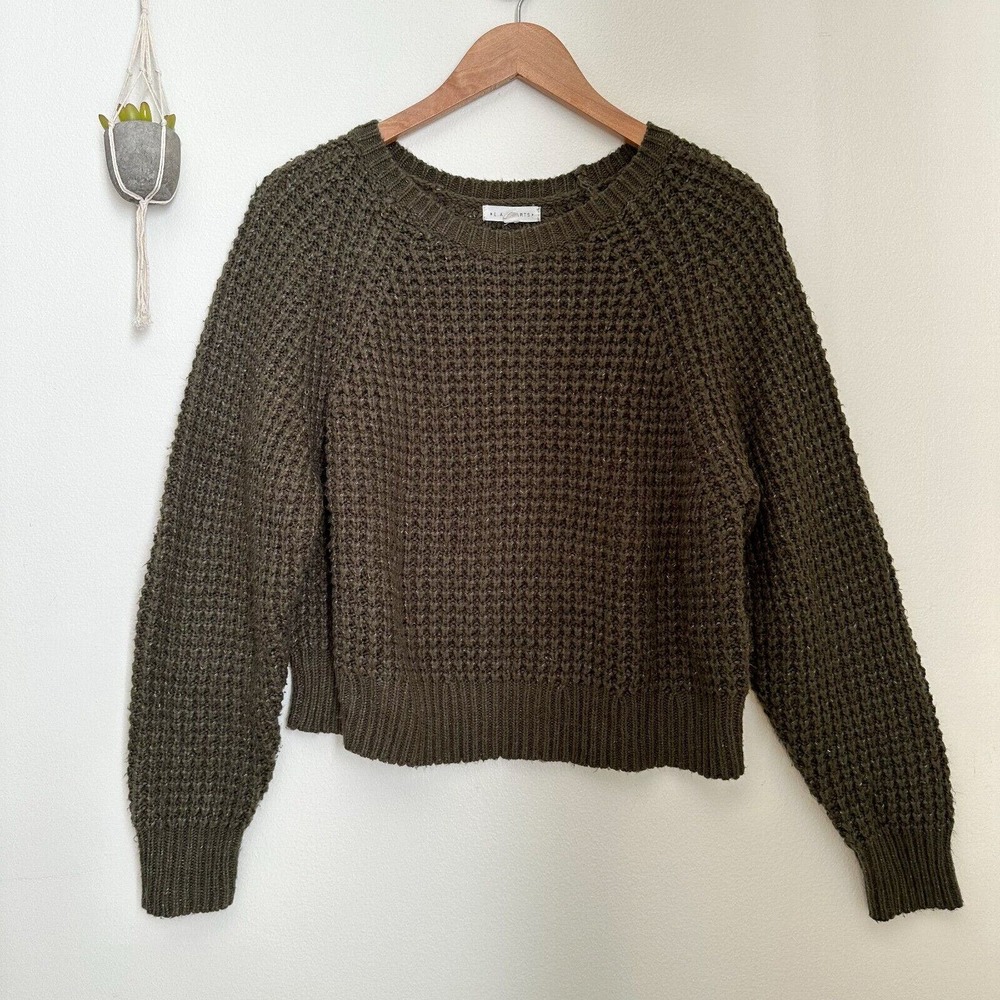 L.A. Hearts Women's Cropped Waffle Sweater Green Long Sleeve Knit M